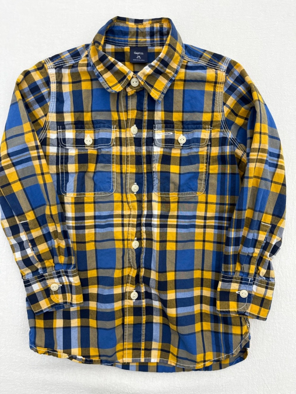 Gap Kids Plaid Cotton Button Down Shirt Boys 4/5 Blue Yellow Long Sleeve Classic